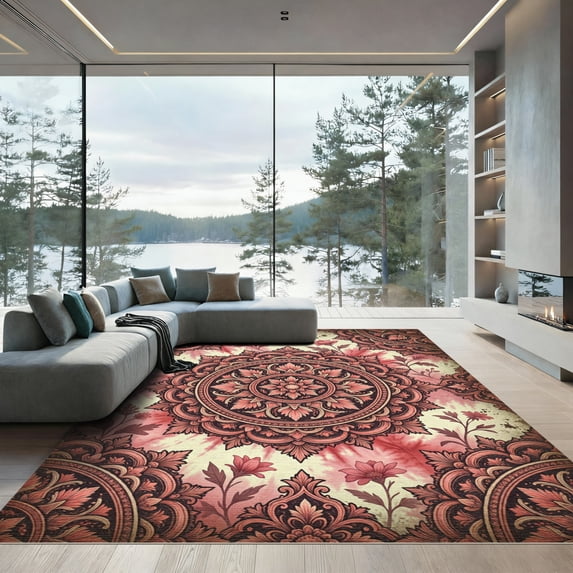 ODIKA 8' x 10' Machine Washable Non-Slip Area Rug, bohemian floral High Traffic Rug, Red, 1104635