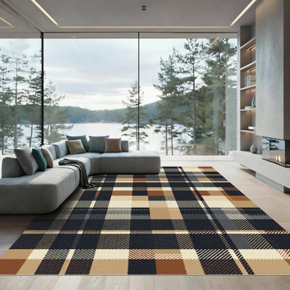 ODIKA 8' x 10' Machine Washable Non-Slip Area Rug, rustic plaid High Traffic Rug, Beige, 1296323