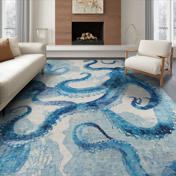 ODIKA 8'x10' Abstract Blue Washable Area Rug Non-Shedding, Easy Care, for King Size Bedroom Under Bed, Master Suite