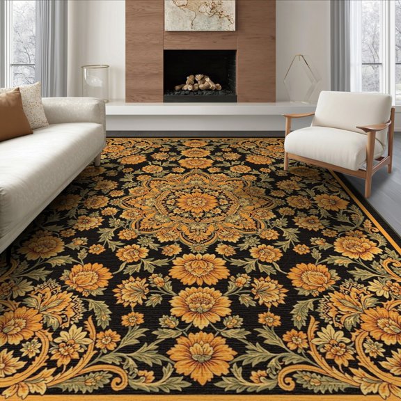 ODIKA 8'x10' Amber Orange Traditional Vintage Washable Area Rug Botanical Centerpiece Scroll Corners Antique Ornamental Layout Non-Shedding, Easy Care, for King Size Bedroom Under Bed, Master Suite
