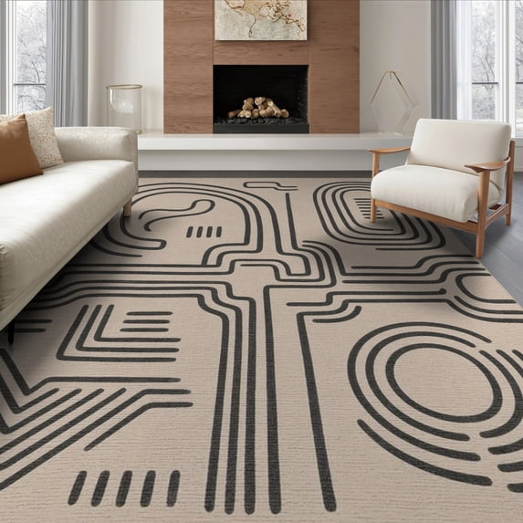 ODIKA 8'x10' Beige Abstract Geometric Maze Washable Area Rug Modern Minimalist Labyrinth Motif With Interconnected Pathways Non-Shedding, Easy Care, for King Size Bedroom Under Bed, Master Suite