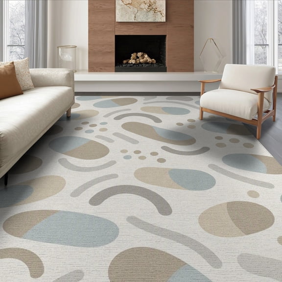 ODIKA 8'x10' Beige Abstract Geometric Washable Area Rug Modern Curved Shapes With Neutral Tones And Dynamic Design for King Size Bedroom Under Bed, Master Suite, Non-Shedding, Easy Care