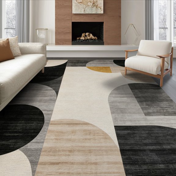 ODIKA 8'x10' Beige Black Abstract Modern Geometric Circles Design Washable Area Rug for King Size Bedroom Under Bed, Master Suite, Non-Shedding, Easy Care