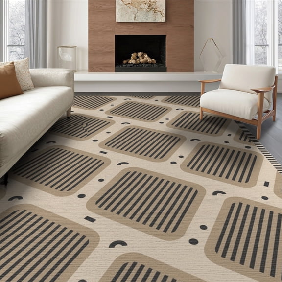 ODIKA 8'x10' Beige Black Geometric Striped Squares Washable Area Rug Contemporary Grid Layout with Rounded Corner for Dining Room, Large Office, Lounge, Non-Slip Chair-Friendly Mat