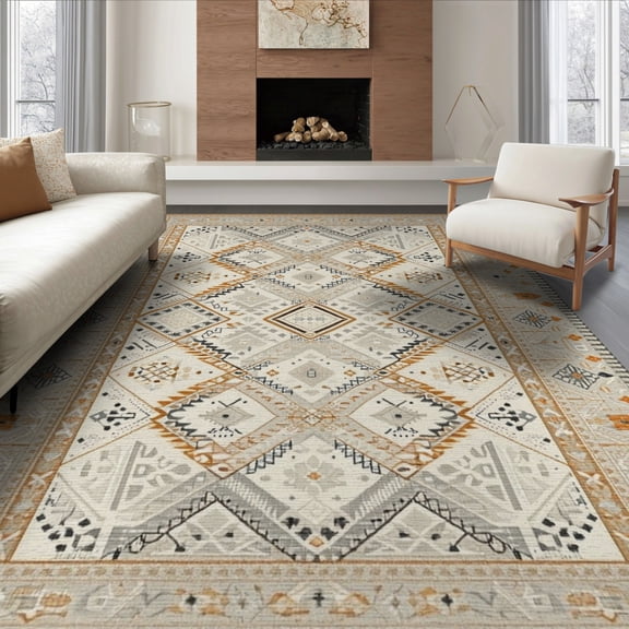ODIKA 8'x10' Beige Boho Geometric Border Cream Washable Area Rug Framed Motif Minimalist Banded Edge Warm Neutral Symmetry Non-Shedding, Easy Care, for King Size Bedroom Under Bed, Master Suite