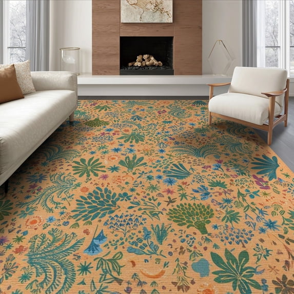 ODIKA 8'x10' Beige Botanical Washable Area Rug Lush Floral With Artistic Flair And Intricate Leafy Details Non-Shedding, Easy Care, for King Size Bedroom Under Bed, Master Suite