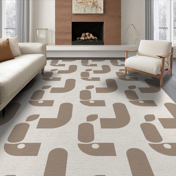 ODIKA 8'x10' Beige Brown Interlocking Chain Washable Area Rug Modern Mid Century Repeating Motif Contemporary for Living Room, Under Sectional, Family , Durable, Non-Slip
