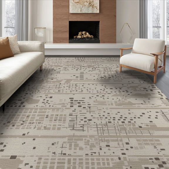 ODIKA 8'x10' Beige Brown Modern Abstract Geometric Grid Washable Area Rug Contemporary Pixelated Digital Crosshatch Squares for King Size Bedroom Under Bed, Master Suite, Non-Shedding, Easy Care