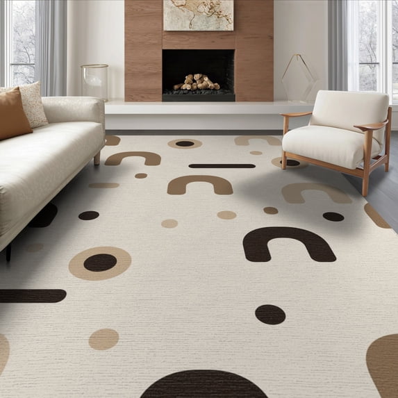 ODIKA 8'x10' Beige Brown Modern Abstract Geometric Washable Area Rug Contemporary Minimalist Scattered Circles Ovals Non-Shedding, Easy Care, for King Size Bedroom Under Bed, Master Suite