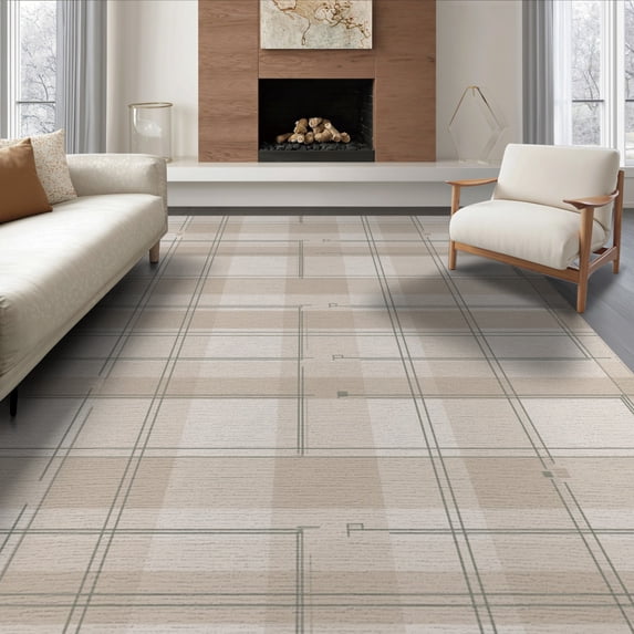 ODIKA 8'x10' Beige Cream Geometric Plaid Design Washable Area Rug Modern Linear with Subtle Squares Non-Slip Chair-Friendly Mat for Dining Room, Large Office, Lounge