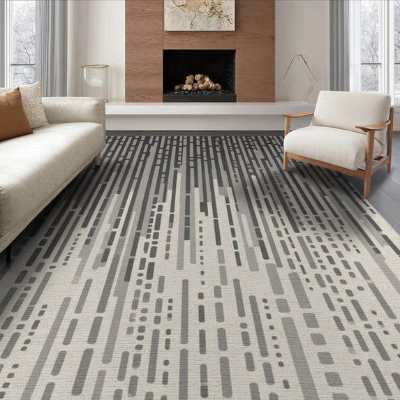 ODIKA 8'x10' Beige Gray Abstract Design Washable Area Rug Modern Geometric Pattern with Vertical Lines for Living Room, Under Sectional, Family , Durable, Non-Slip