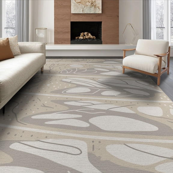 ODIKA 8'x10' Beige Gray Abstract Flowing Washable Area Rug Contemporary Curved Layered Pattern With Dotted for King Size Bedroom Under Bed, Master Suite, Non-Shedding, Easy Care
