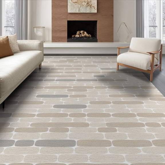 ODIKA 8'x10' Beige Gray Handwoven Brick Pattern Washable Area Rug Modern Geometric Stone Block Motif with Natural for King Size Bedroom Under Bed, Master Suite, Non-Shedding, Easy Care