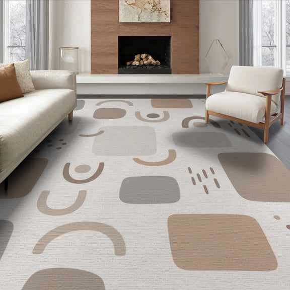ODIKA 8'x10' Beige Grey Ivory Modern Geometric Washable Area Rug Contemporary Scandinavian Minimalist Design With Rounded Rectangles Arches Durable, Non-Slip for Living Room, Under Sectional, Family