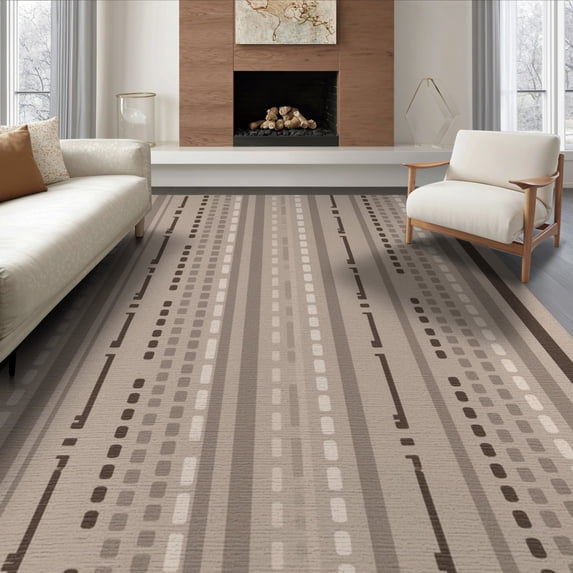 ODIKA 8'x10' Beige Mocha Vertical Striped Geometric Washable Area Rug Contemporary Dotted Columns Non-Slip Chair-Friendly Mat for Dining Room, Large Office, Lounge