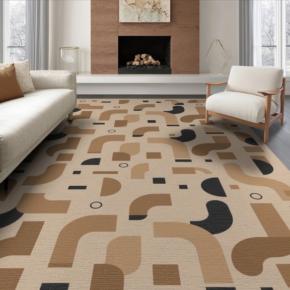 ODIKA 8'x10' Beige Modern Geometric Abstract Puzzle Washable Area Rug Contemporary Mid Century Interlocking Shapes With Curved Non-Slip Chair-Friendly Mat for Dining Room, Large Office, Lounge