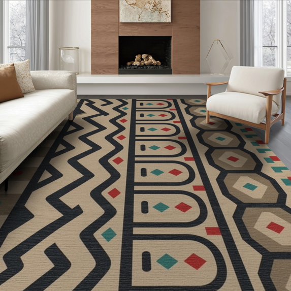 ODIKA 8'x10' Beige Multi-Color Geometric Design Washable Area Rug Dynamic Patterns with Indigo and Sage Accents for Dining Room, Large Office, Lounge, Non-Slip Chair-Friendly Mat