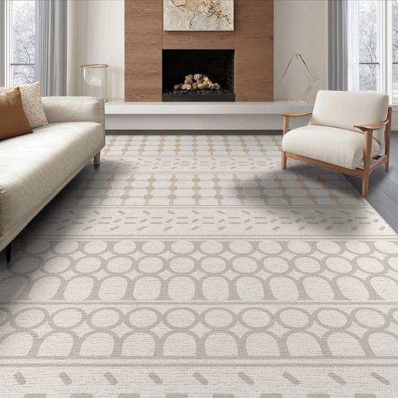 ODIKA 8'x10' Beige Platinum Geometric Elegance Washable Area Rug Modern Symmetry with Subtle Patterns Non-Shedding, Easy Care, for King Size Bedroom Under Bed, Master Suite