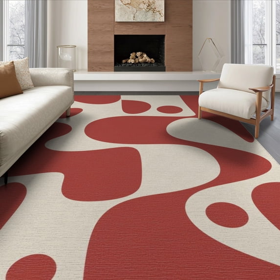 ODIKA 8'x10' Beige Red Abstract Mid-Century Design Washable Area Rug Organic Shapes with Modern Aesthetic Appeal Non-Slip Chair-Friendly Mat for Dining Room, Large Office, Lounge
