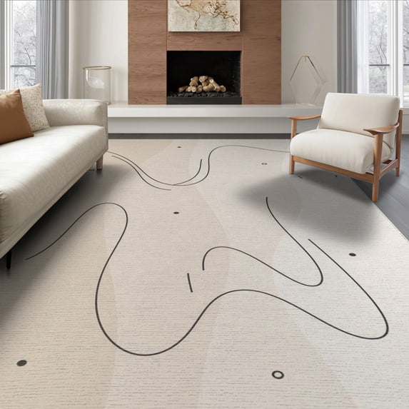 ODIKA 8'x10' Beige Sand Abstract Flowing Lines Washable Area Rug Modern Minimalist Curves with Scattered for Dining Room, Large Office, Lounge, Non-Slip Chair-Friendly Mat