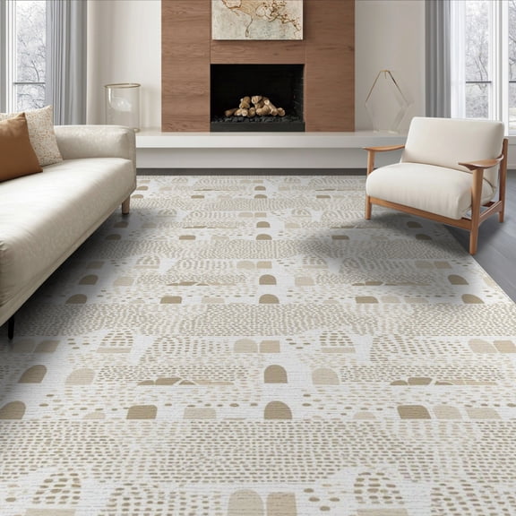 ODIKA 8'x10' Beige Sand Dotted Geometric Tufted Washable Area Rug Abstract Modern Minimalist Textured Dots Shapes Repeating Motif for Living Room, Under Sectional, Family , Durable, Non-Slip