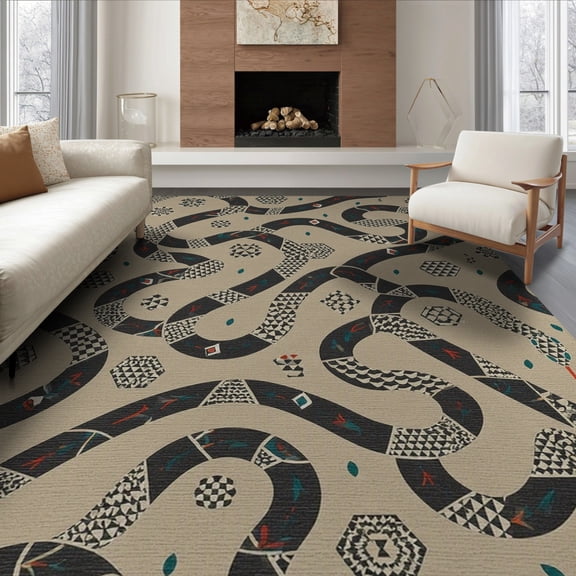 ODIKA 8'x10' Beige Serpentine Geometric Washable Area Rug Sinuous Curved Ribbons With Hexagonal Motifs And Arrow Details for King Size Bedroom Under Bed, Master Suite, Non-Shedding, Easy Care