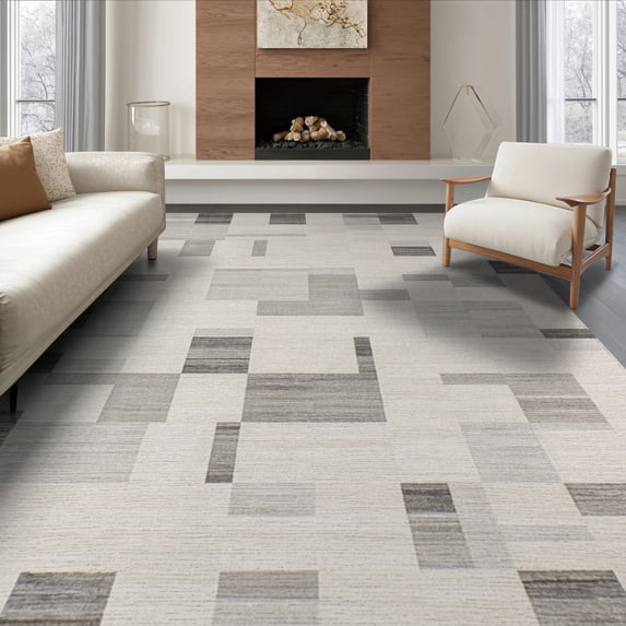 ODIKA 8'x10' Beige Structured Interlocking Grid Contemporary Geometric Ivory Washable Area Rug None for Dining Room, Large Office, Lounge, Non-Slip Chair-Friendly Mat