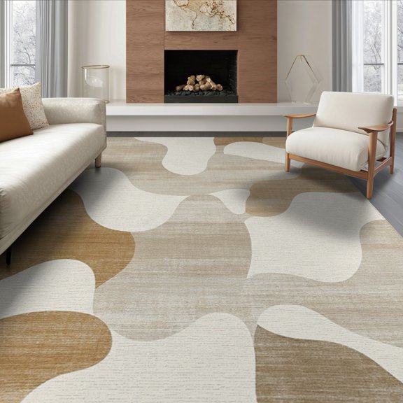 ODIKA 8'x10' Beige Tan Abstract Irregular Wavy Shape Unique Modern Washable Area Rug Durable, Non-Slip for Living Room, Under Sectional, Family