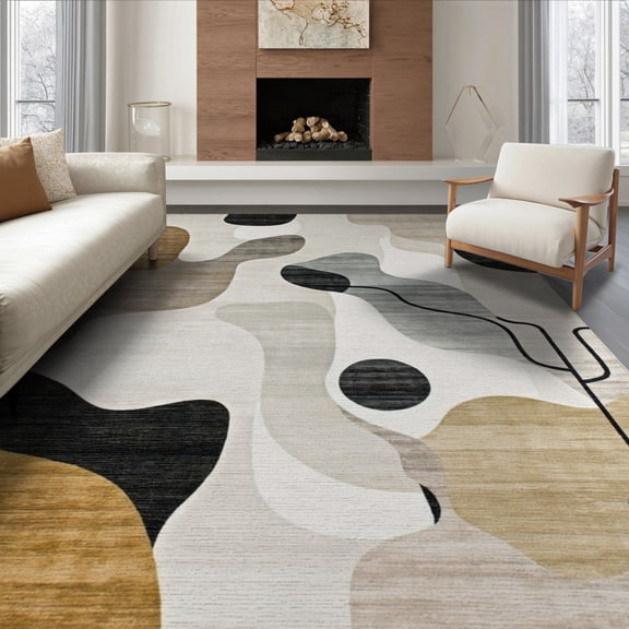 ODIKA 8'x10' Beige Tan Black Modern Abstract Irregular Shape Artistic Flow Washable Area Rug Non-Shedding, Easy Care, for King Size Bedroom Under Bed, Master Suite