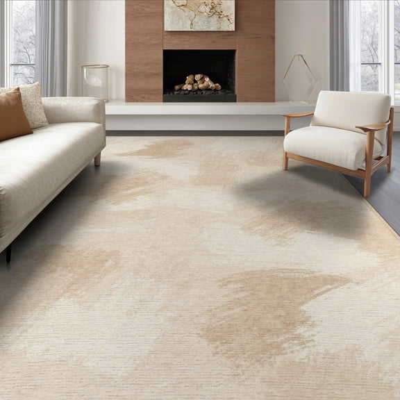 ODIKA 8'x10' Beige Tan Contemporary Painterly Motif Featuring Contrast Neutral Washable Area Rug None Durable, Non-Slip for Living Room, Under Sectional, Family