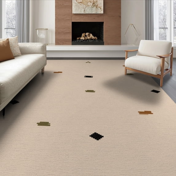 ODIKA 8'x10' Beige Tan Minimalist Geometric Scattered Washable Area Rug Contemporary Abstract Shapes Modern Bohemian Style Non-Shedding, Easy Care, for King Size Bedroom Under Bed, Master Suite