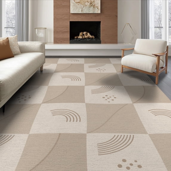 ODIKA 8'x10' Beige Taupe Geometric Checkered Washable Area Rug Modern Abstract Pattern with Curved Lines for Living Room, Under Sectional, Family , Durable, Non-Slip