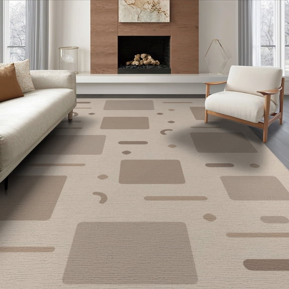 ODIKA 8'x10' Beige Taupe Modern Geometric Abstract Washable Area Rug Contemporary Minimalist Scattered Rectangles Dots Durable, Non-Slip for Living Room, Under Sectional, Family