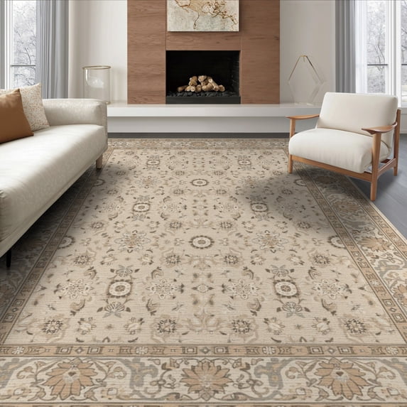 ODIKA 8'x10' Beige Traditional Medallion Floral Washable Area Rug Classic Ornate Botanical Motifs with Intricate Durable, Non-Slip for Living Room, Under Sectional, Family