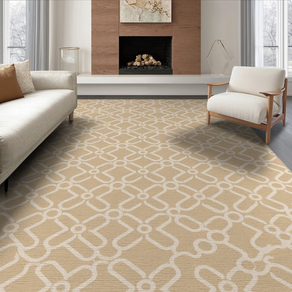 ODIKA 8'x10' Beige White Trellis Pattern Design Washable Area Rug Elegant Geometric Motif for Modern Spaces for King Size Bedroom Under Bed, Master Suite, Non-Shedding, Easy Care