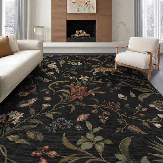 ODIKA 8'x10' Black Enchanted Jungle Elegance Design Washable Area Rug Exotic Wildlife and Floral Patterns for Home Decor for Living Room, Under Sectional, Family , Durable, Non-Slip