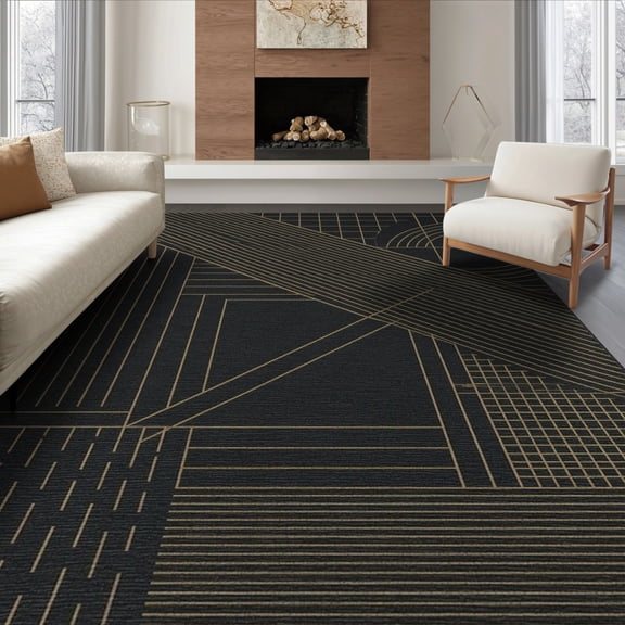 ODIKA 8'x10' Black Gold Geometric Washable Area Rug Modern Abstract Diagonal Striped Grid Motif With Intersecting Angular Non-Shedding, Easy Care, for King Size Bedroom Under Bed, Master Suite