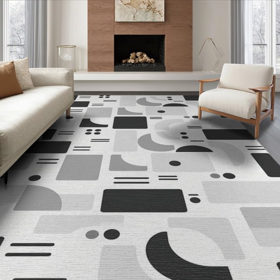 ODIKA 8'x10' Black Gray Modern Geometric Abstract Washable Area Rug Contemporary Minimalist Scandinavian Design for Living Room, Under Sectional, Family , Durable, Non-Slip