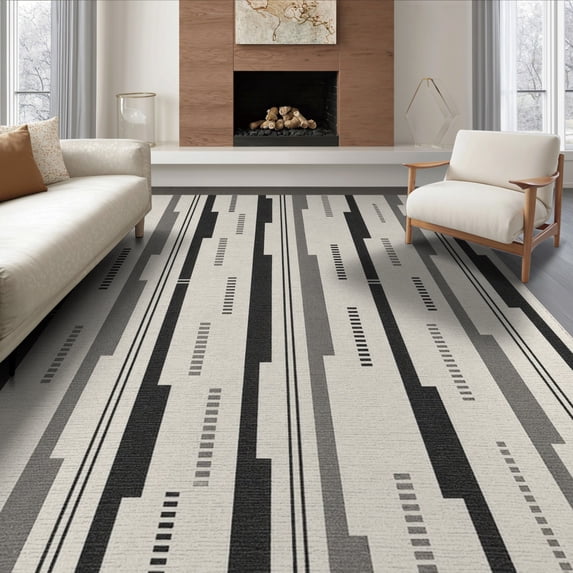 ODIKA 8'x10' Black Gray Modern Geometric Vertical Washable Area Rug Abstract Motif with Dotted for Living Room, Under Sectional, Family , Durable, Non-Slip