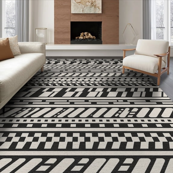 ODIKA 8'x10' Black Ivory Geometric Striped Washable Area Rug Multi-Band Zigzag Motif Modern for Living Room, Under Sectional, Family , Durable, Non-Slip