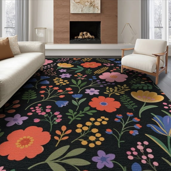 ODIKA 8'x10' Black Vibrant Floral Night Pattern Washable Area Rug Charming Blossoms with Bold Contrast for Dining Room, Large Office, Lounge, Non-Slip Chair-Friendly Mat