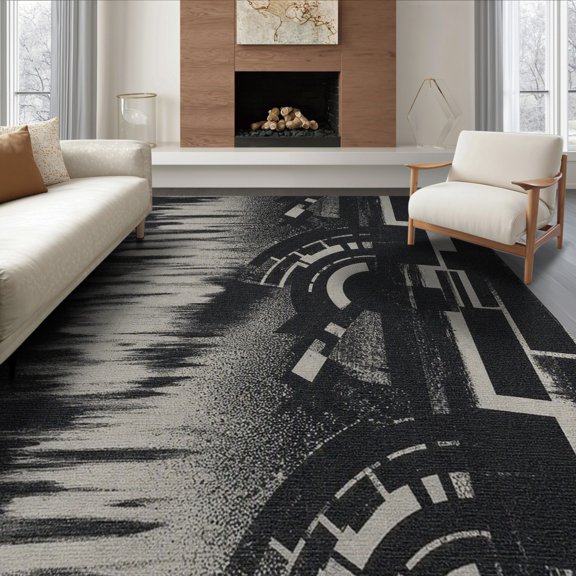 ODIKA 8'x10' Black And White Galactic Washable Area Rug Abstract Geometric Design With Futuristic for Dining Room, Large Office, Lounge, Non-Slip Chair-Friendly Mat