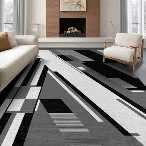 ODIKA 8'x10' Black White Modern Abstract Geometric Washable Area Rug Contemporary Angular Composition with Layered for Living Room, Under Sectional, Family , Durable, Non-Slip