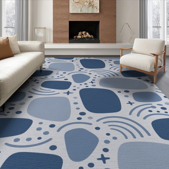 ODIKA 8'x10' Blue Abstract Geometric Rounded Shapes Washable Area Rug Flowing Forms Scattered Dots Rainbow Arcs for King Size Bedroom Under Bed, Master Suite, Non-Shedding, Easy Care