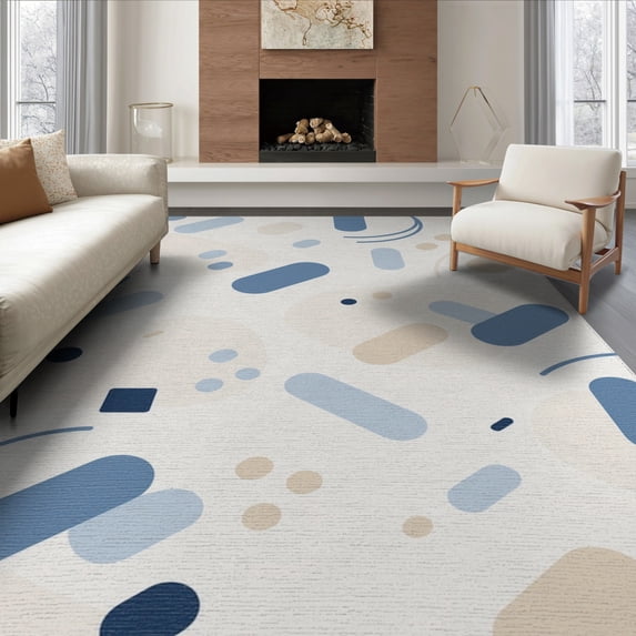 ODIKA 8'x10' Blue Beige Abstract Handwoven Design Washable Area Rug Modern Geometric Pattern with Unique Shapes for Dining Room, Large Office, Lounge, Non-Slip Chair-Friendly Mat