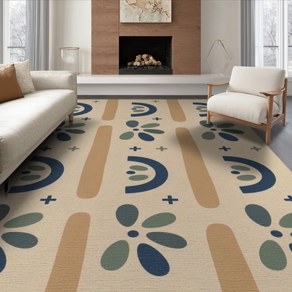 ODIKA 8'x10' Blue Beige Geometric Floral Pattern Washable Area Rug Modern Abstract Design with Bold Motifs Non-Shedding, Easy Care, for King Size Bedroom Under Bed, Master Suite