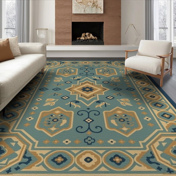 ODIKA 8'x10' Blue Gold Geometric Elegance Washable Area Rug Intricate Patterns with Classic Charm Non-Shedding, Easy Care, for King Size Bedroom Under Bed, Master Suite