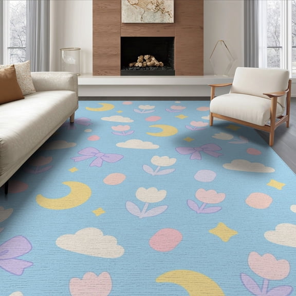 ODIKA 8'x10' Blue Pastel Moon Stars Clouds Bow Tulip Washable Area Rug Whimsical Celestial Floral Motifs for King Size Bedroom Under Bed, Master Suite, Non-Shedding, Easy Care