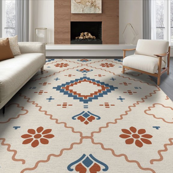 ODIKA 8'x10' Blue Sky Geometric Jelly Roll Design Washable Area Rug Intricate Machine Pattern Durable, Non-Slip for Living Room, Under Sectional, Family