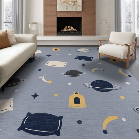 ODIKA 8'x10' Blue Yellow Space Galaxy Planets Stars Washable Area Rug Whimsical Cosmic Adventure Decor for King Size Bedroom Under Bed, Master Suite, Non-Shedding, Easy Care